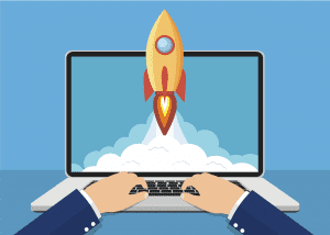 Illustration of a rocket launching out of a website, conveying the concept of a website launch